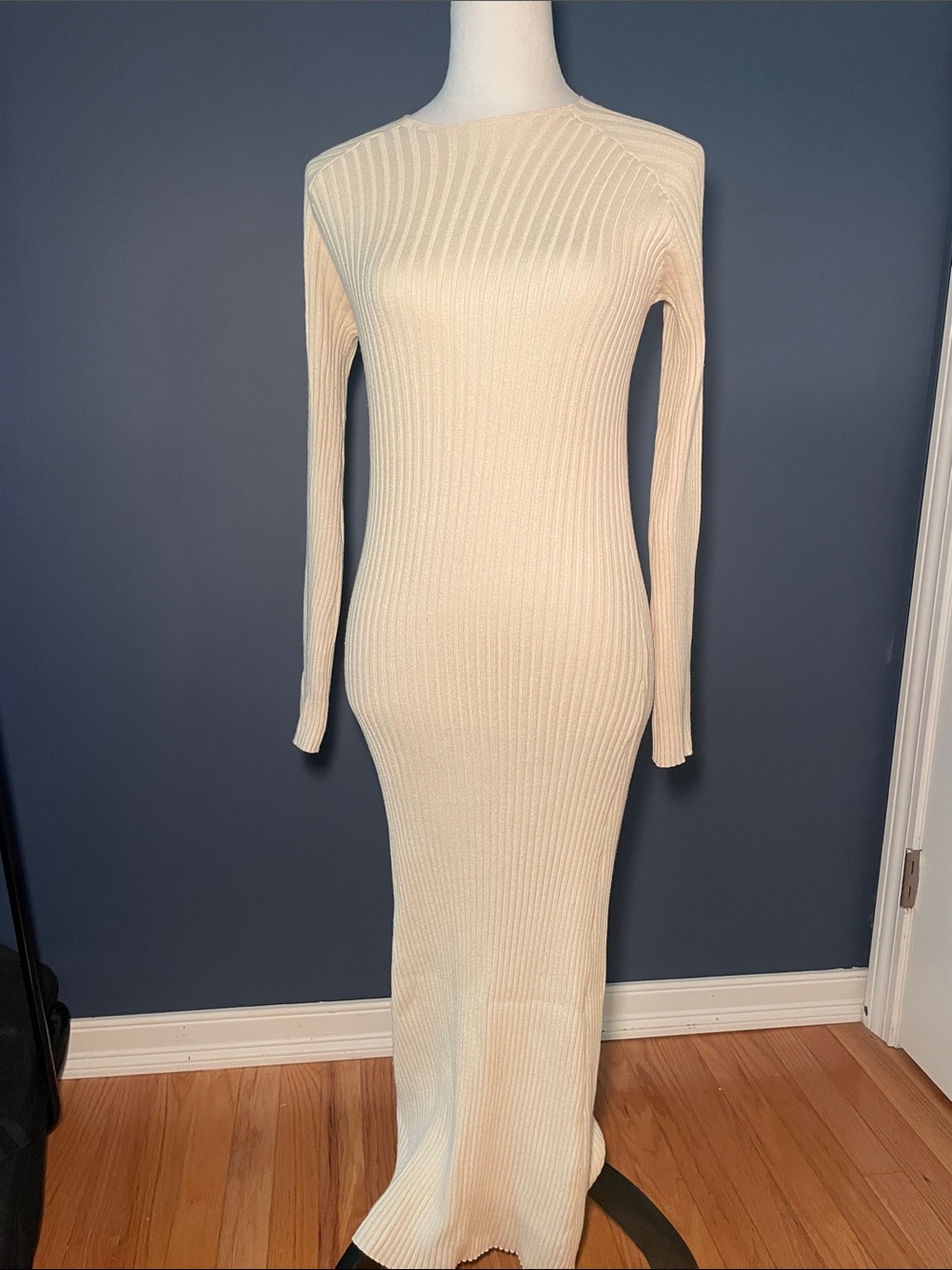 Nasty Gal Cream Ribbed Open Back Long Sleeve Maxi Dress